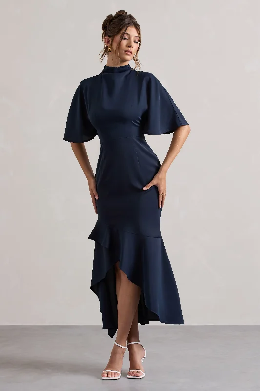 Lavinia | Navy High-Neck Flutter-Sleeve Asymmetric Maxi Dress Fashionable Maxi Dress with Fringe