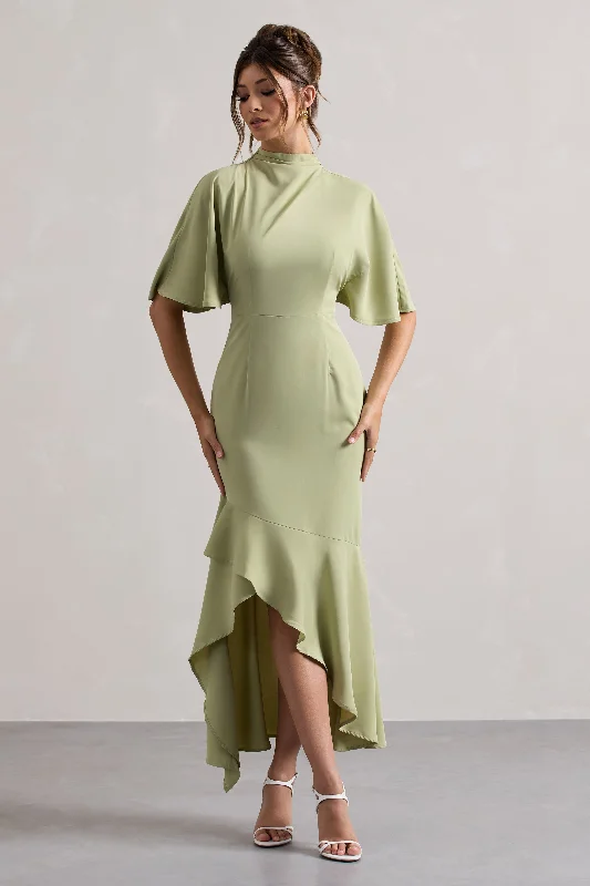 Lavinia | Sage High-Neck Flutter-Sleeve Asymmetric Maxi Dress Chic Summer Maxi Dress