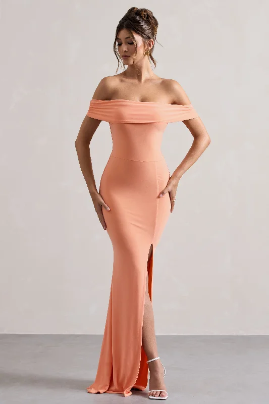 Law of Attraction | Coral Bardot Draped Split Maxi Dress Elegant Maxi Dress with Lace