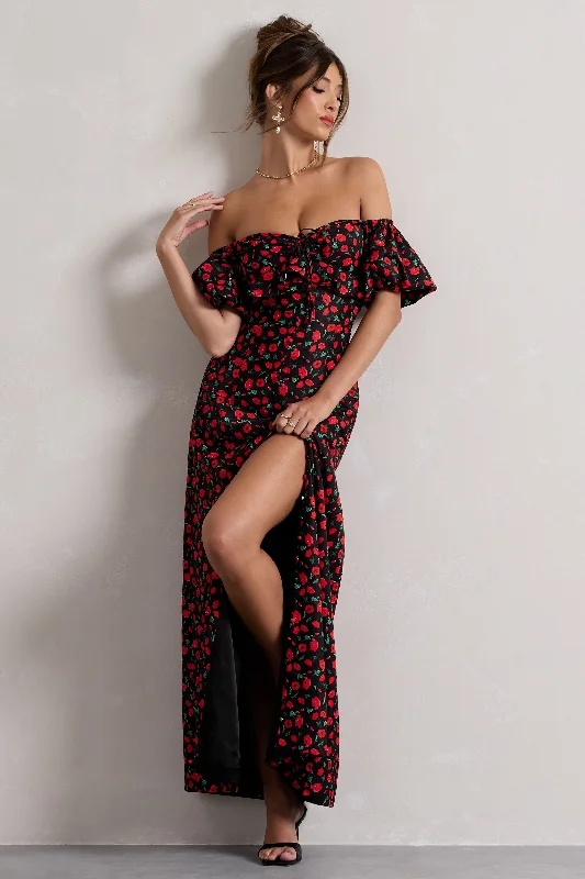 Lenna | Black & Red Floral Bardot Buttoned Split Maxi Dress Stylish Maxi Dress with Pleats