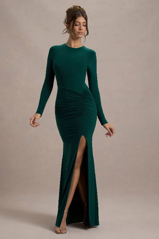 Leslie | Bottle Green Long-Sleeve Twisted Split Maxi Dress Stylish Boho Chic Maxi Dress