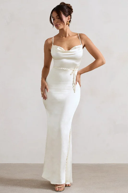 Lifetime | Ivory Satin Cowl Neck Maxi Dress With Cross Back Detail Trendy V-Neck Maxi Dress