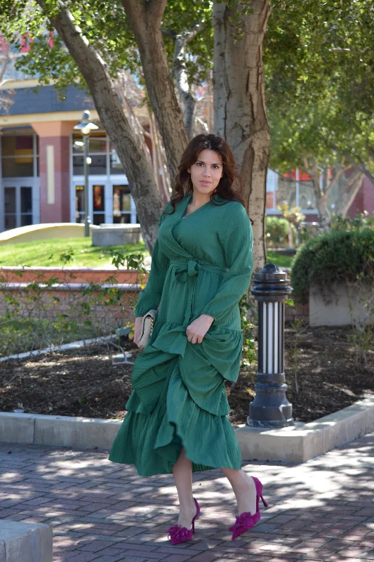 Lindos Green Textured  Ruffled Maxi Dress Elegant Tiered Maxi Dress