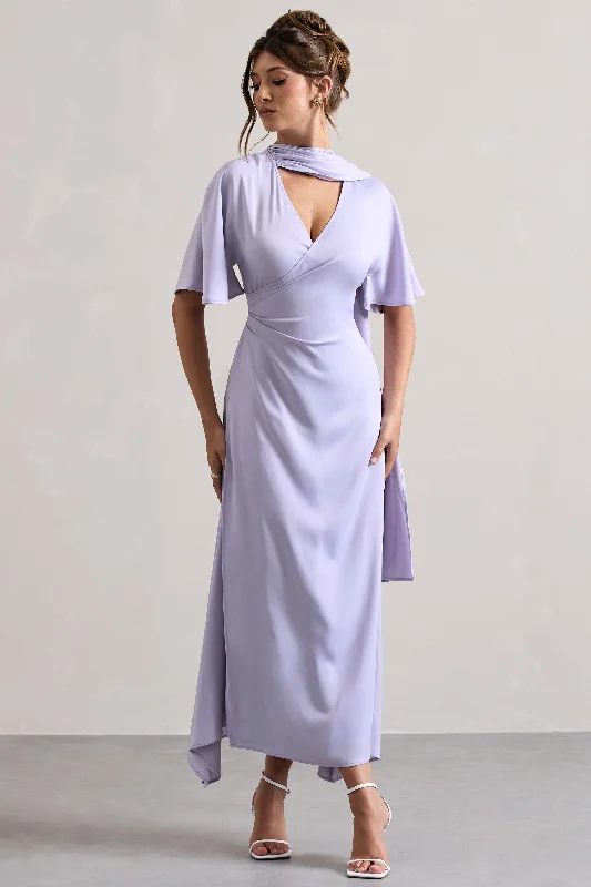 Lisette | Lilac Asymmetric Flutter-Sleeve Maxi Dress Stylish Off-Shoulder Maxi Dress