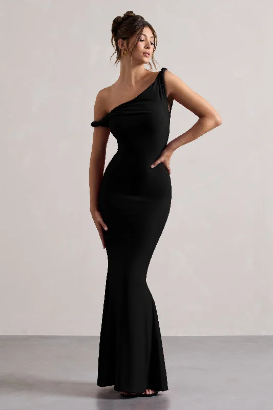 Lita | Black Twisted Asymmetric Maxi Dress Trendy Off-Shoulder Ruffle Maxi Dress