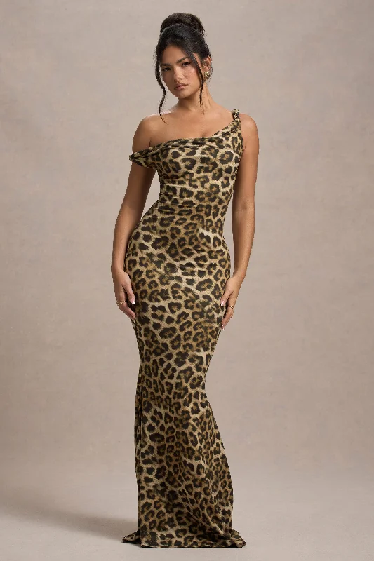 Lita | Leopard Print Twisted Asymmetric Maxi Dress Fashionable Chiffon Tiered Maxi Dress