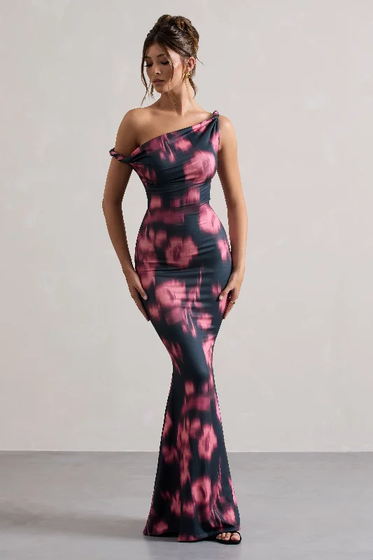 Lita | Pink Abstract Print Twisted Asymmetric Maxi Dress Elegant Maxi Dress with Drapes