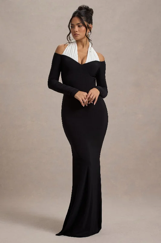 Living High | Black & White Halter-Neck Split Maxi Dress Trendy V-Neck Maxi Dress