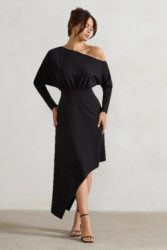 Lori | Black Asymmetric Long-Sleeve Maxi Dress Cozy Longline Maxi Dress