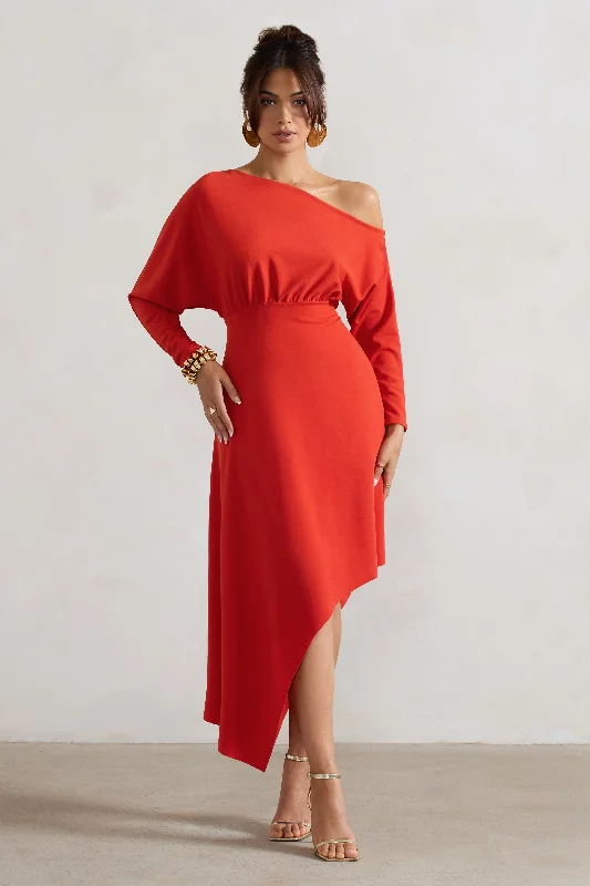 Lori | Orange Asymmetric Long-Sleeve Maxi Dress Trendy Button Front Maxi Dress