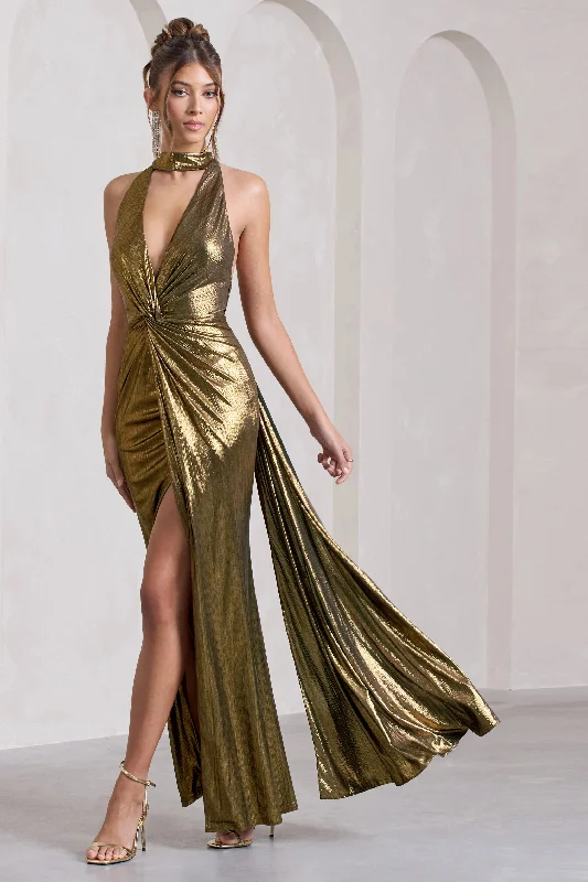 Lost | Gold Metallic Halter-Neck Cut-Out Split Maxi Dress With Drape Trendy Maxi Dress with Belt