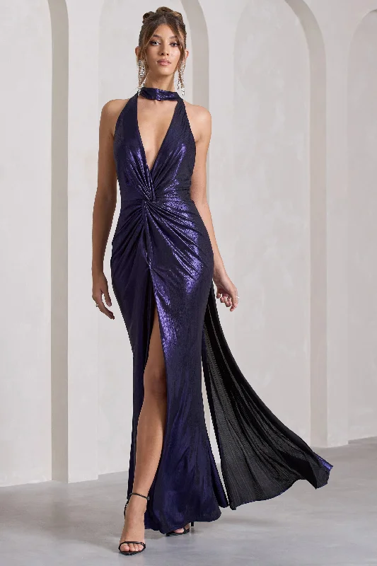 Lost | Purple Metallic Halter-Neck Cut-Out Split Maxi Dress With Drape Elegant Maxi Dress with Pockets