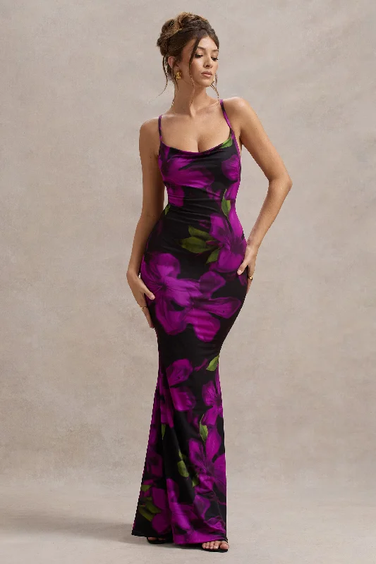 Lotus | Purple Floral Print Cowl-Neck Maxi Dress Fashionable Maxi Dress with Fringe