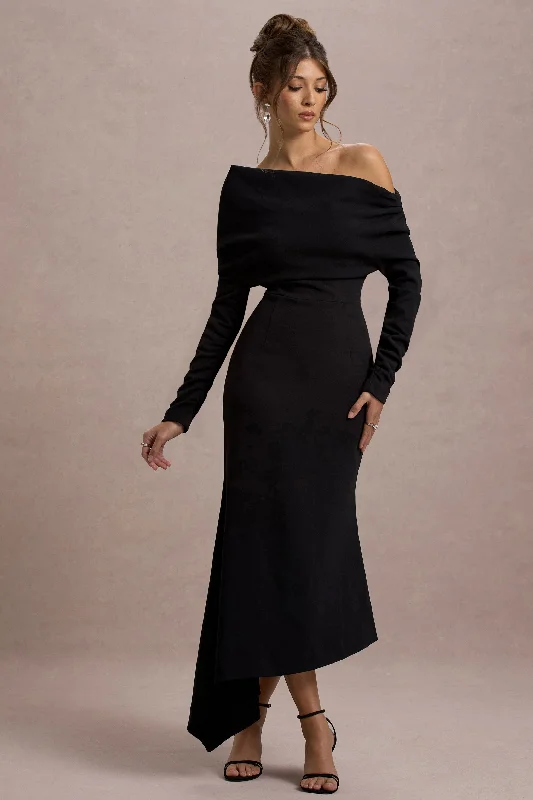 Lou | Black One-Shoulder Asymmetric Maxi Dress Cozy Spaghetti Strap Maxi Dress