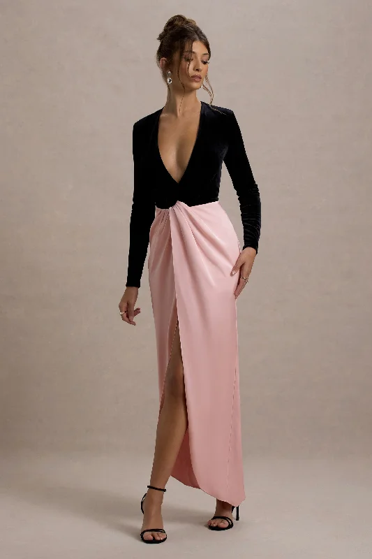 Love Spell | Black Velvet Plunge-Neck Maxi Dress With Pink Satin Skirt Elegant Pleated Maxi Dress