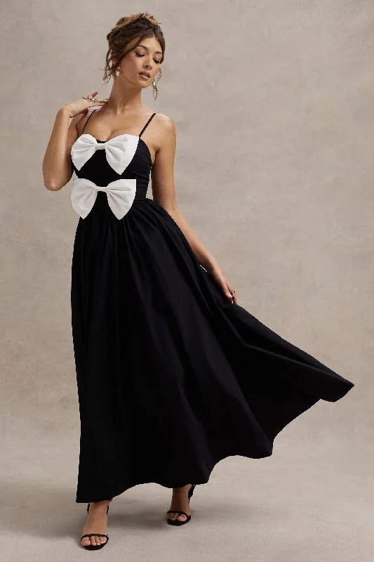 Loved Up | Black Strappy Pleated Maxi Dress With Bows Comfortable Maxi Dress with Slits