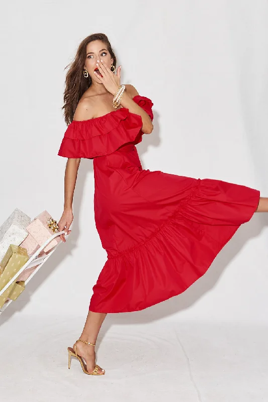 Lula Maxi Dress In Red Trendy Ruffled Maxi Dress