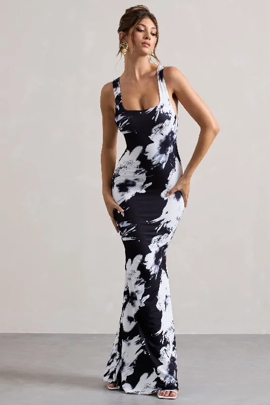 Mahina | Monochrome Floral Print Square-Neck Maxi Dress Elegant Pleated Maxi Dress