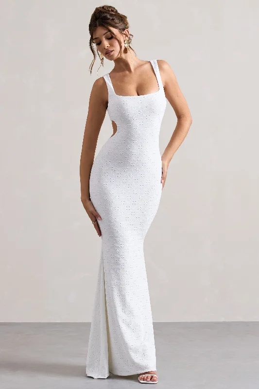 Marseille | White Broderie Knit Square-Neck Cut-Out Maxi Dress Elegant Lace Maxi Dress