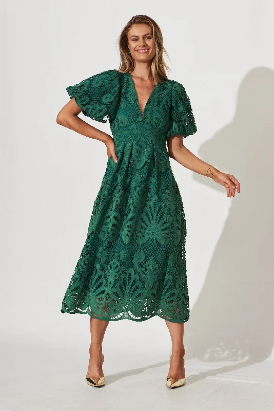 Millie Lace Maxi Dress In Emerald Cozy Ruffle Sleeve Maxi Dress