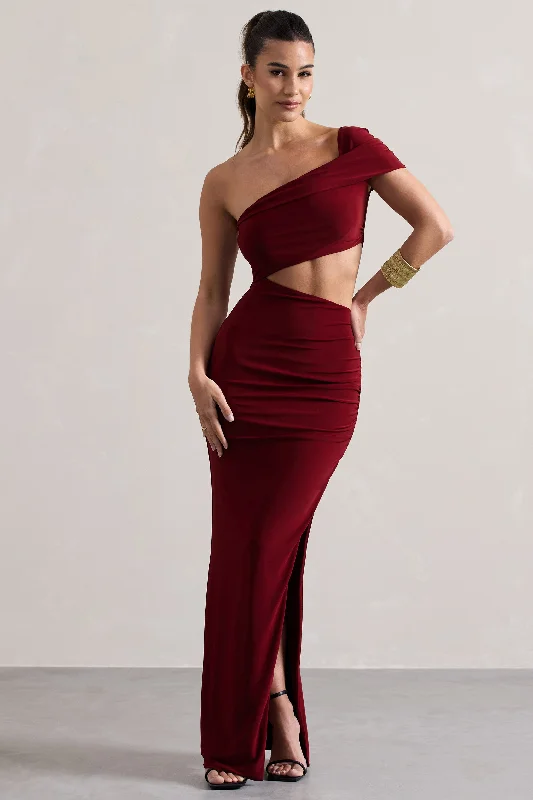 Milos | Berry One-Shoulder Cut-Out Maxi Dress With Split Elegant Pleated Maxi Dress