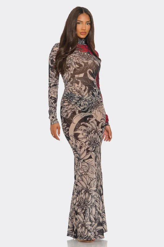 Mock Neck Floral Print Mesh Maxi Dress Elegant Maxi Dress with Slit