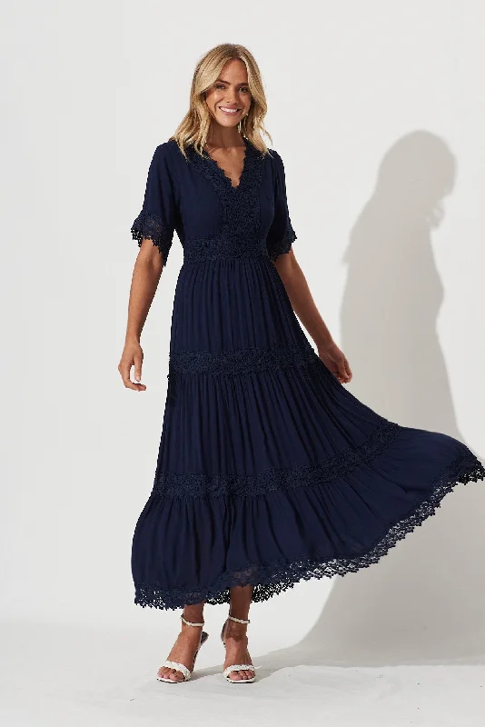 PRE ORDER Mona Maxi Dress In Navy Stylish V-Neck Maxi Dress