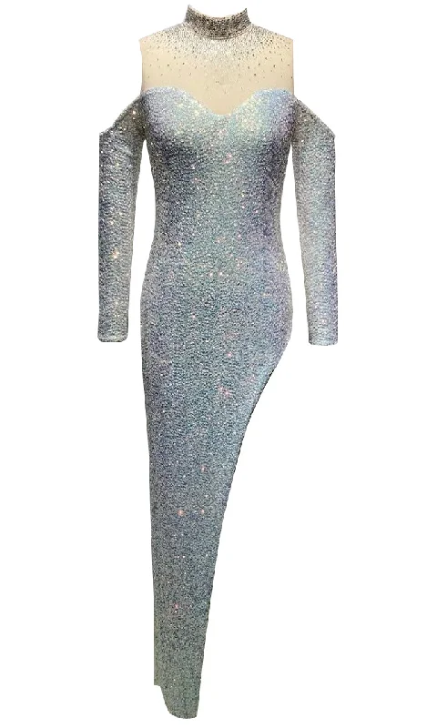 Movie Magic <br><span>Silver Sequin Rhinestone Crystal Long Sleeve Off The Shoulder Sheer Mesh High Neck Cut Out Side Maxi Dress</span> Elegant Pleated Maxi Dress