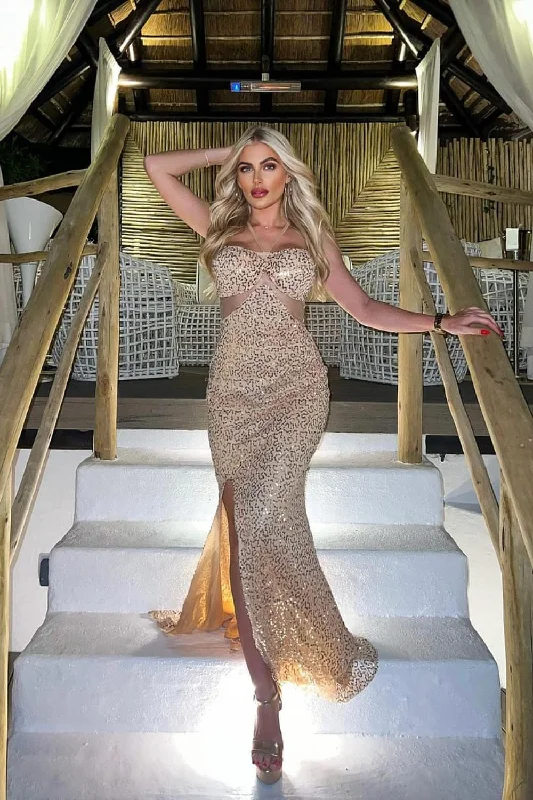 My Moment Rose Gold Luxe Sequin & Beaded Embellished Sheer Mesh Waist Slit Maxi Dress Comfortable Satin Maxi Dress