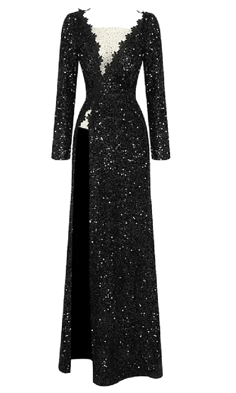 Mysterious Ways <br><span>Black Sequin Beaded Sheer Mesh Long Sleeve Plunge V Neck High Slit Maxi Dress</span> Trendy Floral Print Maxi Dress