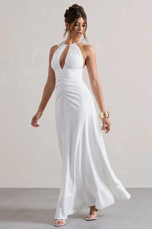 Naria | Cream Ruched Cut-Out Split Maxi Dress Trendy Maxi Dress with Belt