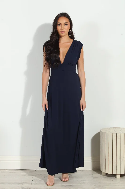 Navy Stretch Deep V Maxi Dress - BEST SELLER Stylish Maxi Dress with Frills