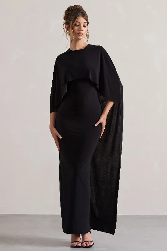 Palena | Black Draped Maxi Dress With Cape Sleeves Chic Boho Print Maxi Dress