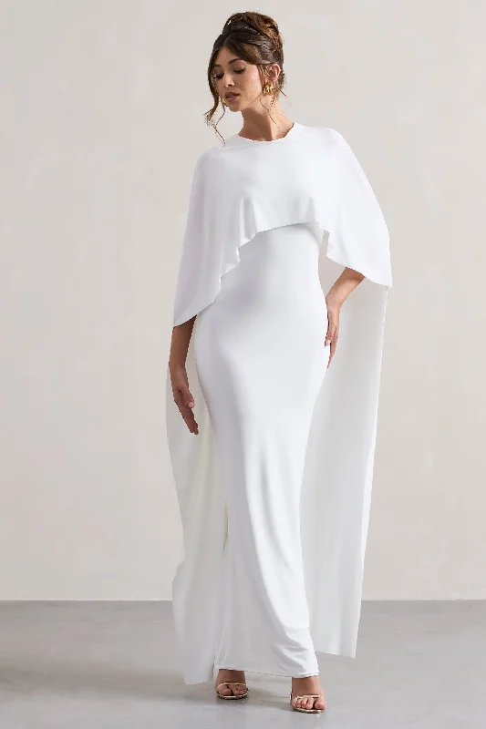 Palena | White Draped Maxi Dress With Cape Sleeves Comfortable Maxi Dress with Slits