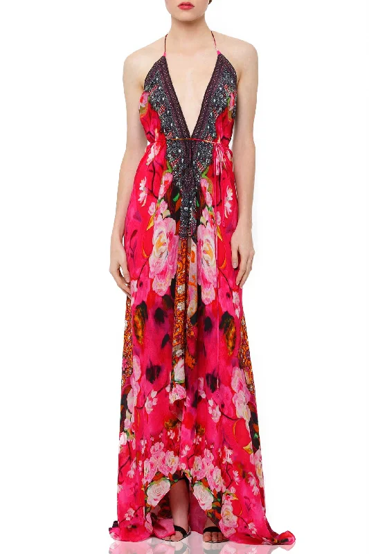 Pink Floral Print Maxi Dress Classic Strapless Maxi Dress