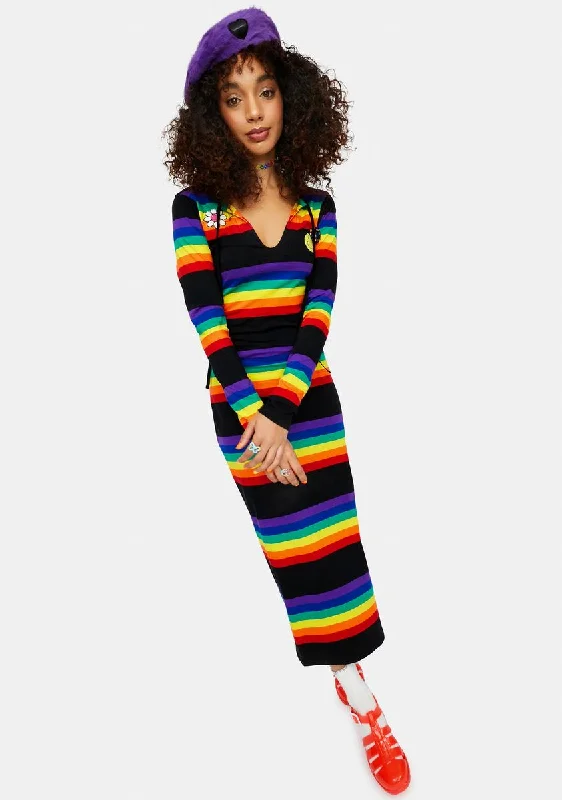 Rainbow Blast Striped Long Sleeve Maxi Dress Comfortable Fit-and-Flare Maxi Dress