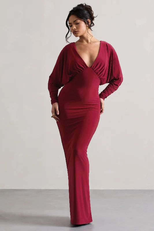 Ruth | Berry Draped Plunge-Neck Maxi Dress Elegant Maxi Dress with Pockets