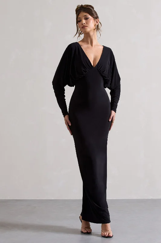 Ruth | Black Draped Plunge-Neck Maxi Dress Cozy Knit Maxi Dress