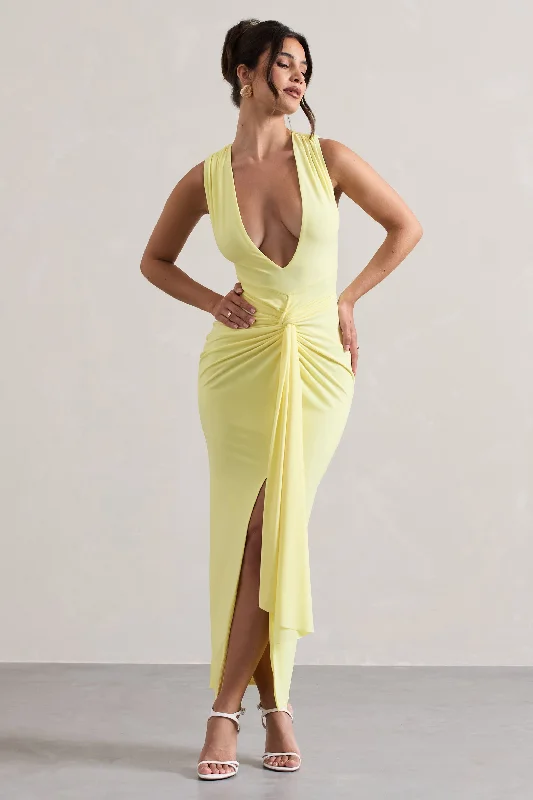 Santana | Lemon Plunge-Neck Split Maxi Dress With Knot Detail Elegant Sleeveless Maxi Dress