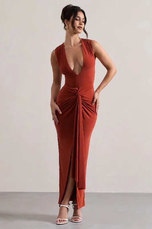 Santana | Terracotta Plunge-Neck Split Maxi Dress With Knot Detail Fashionable Layered Maxi Dress