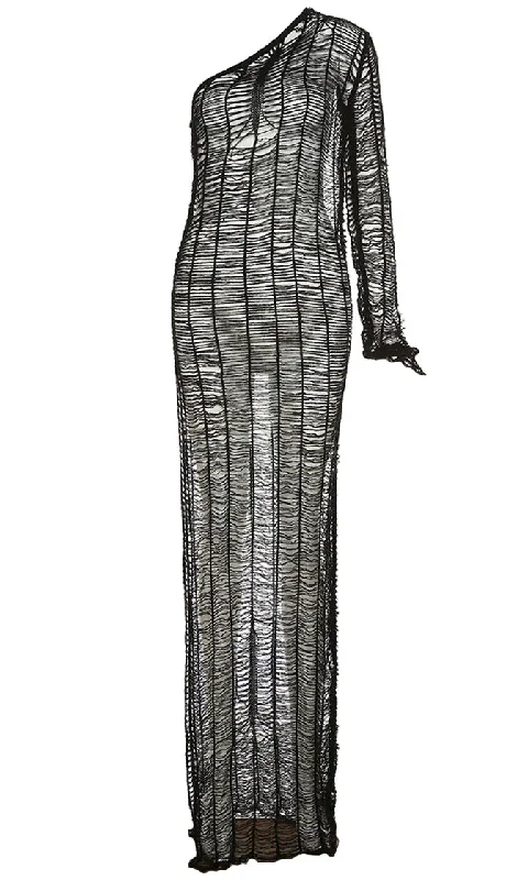 Sheer Delight <br><span> Black Hollow Knit Long Sleeve One Shoulder Cut Out Side Bodycon Maxi Dress</span> Cozy Spaghetti Strap Maxi Dress