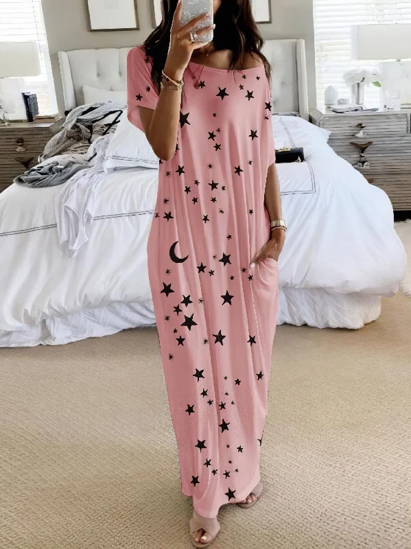 Short Sleeve Star Print Maxi Dress Stylish Boho Maxi Dress