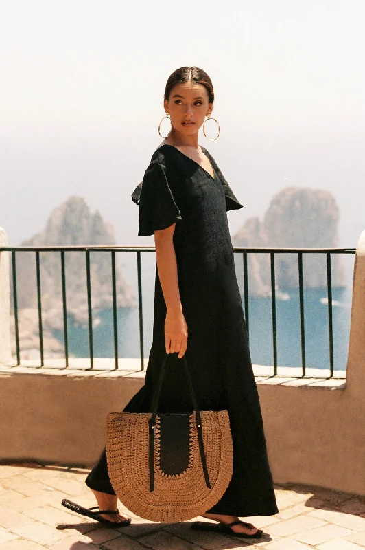 Theo Linen Maxi Dress - Black Elegant Maxi Dress with Drapes