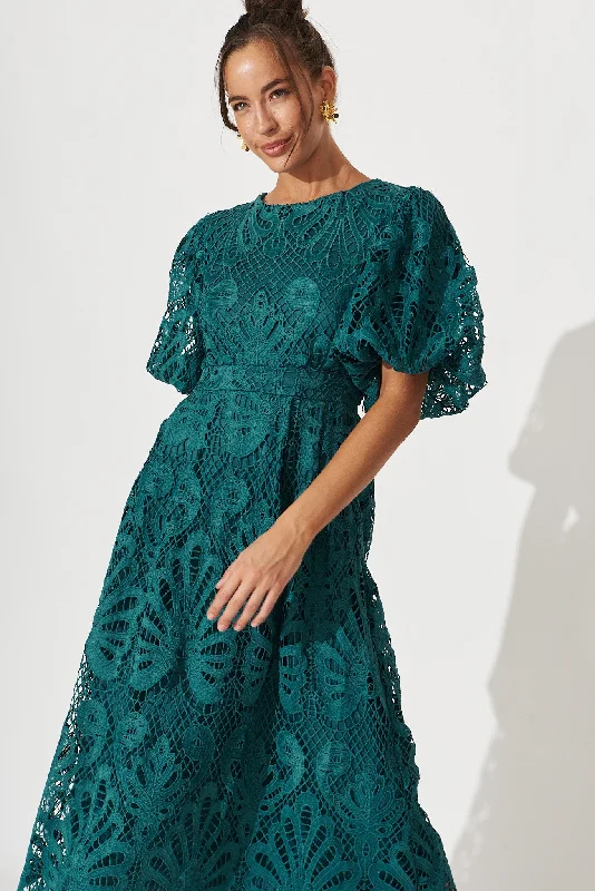 Tillie Lace Maxi Dress In Emerald Comfortable Satin Maxi Dress