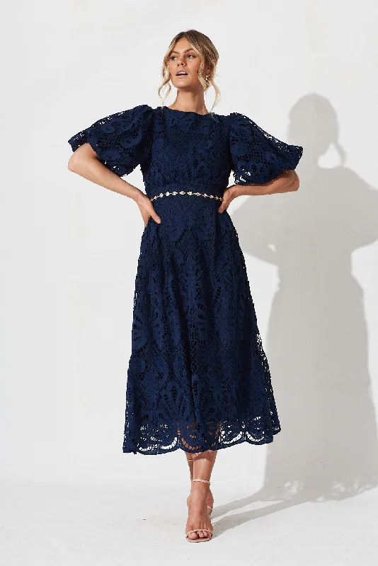 Tillie Lace Maxi Dress In Navy Stylish Maxi Dress with Frills