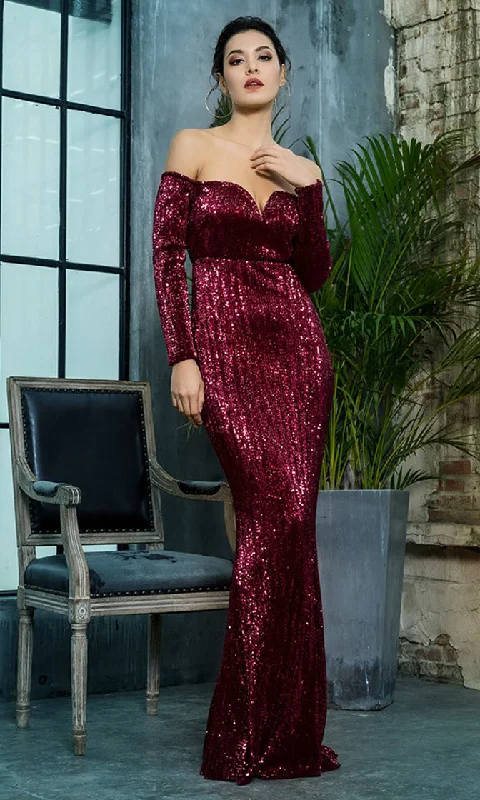 Time To Sparkle <br><span>Burgundy Sequin Long Sleeve Off The Shoulder V Neck Mermaid Maxi Dress</span> Comfortable Fit-and-Flare Maxi Dress