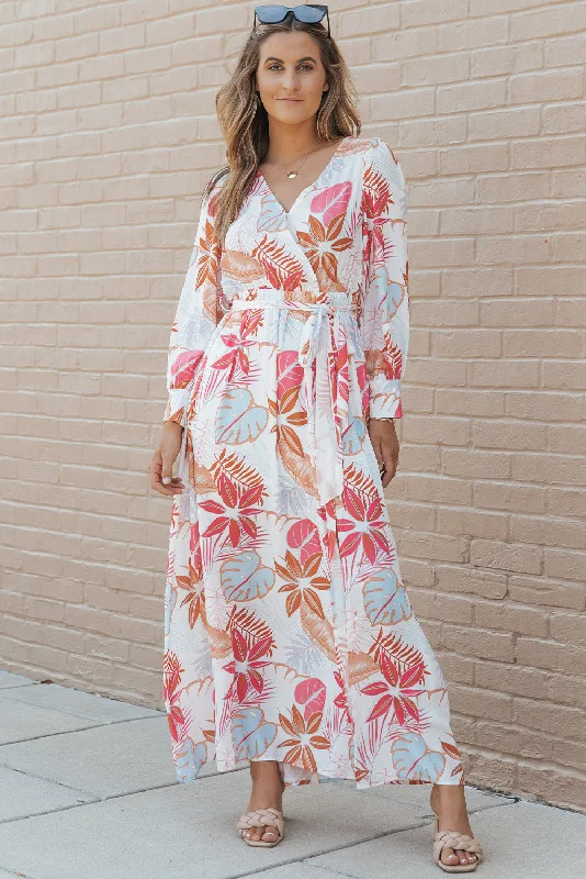 Tropical Plant Long Sleeve Maxi Dress Stylish Boho Maxi Dress