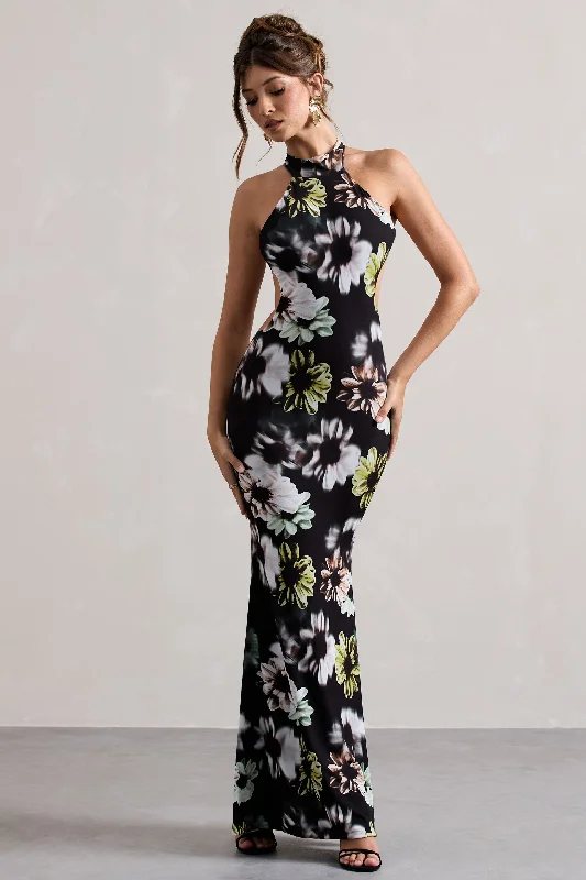 Tuscany | Black Floral Print Halter-Neck Split Maxi Dress Comfortable Ruffle Hem Maxi Dress