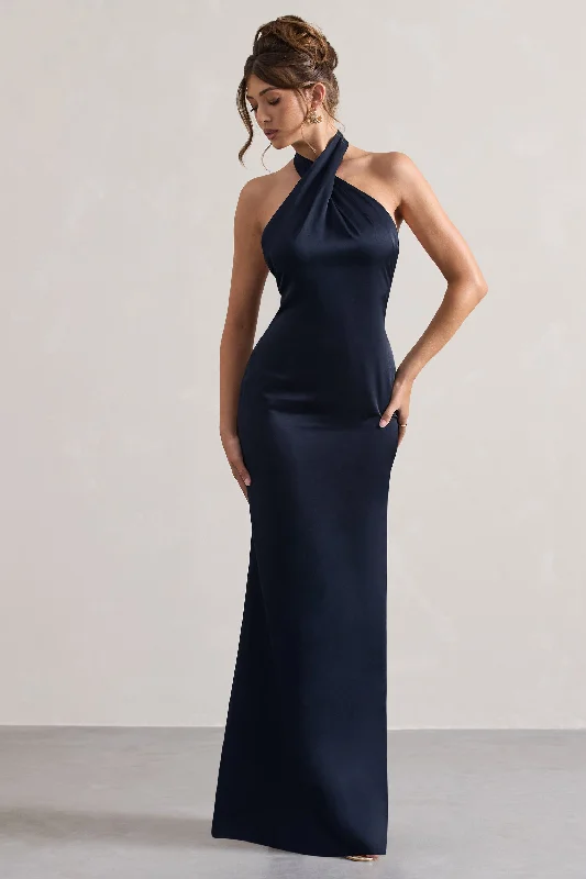 Unbeatable | Navy Satin Cross Over Halterneck Maxi Dress Elegant Maxi Dress with Slit