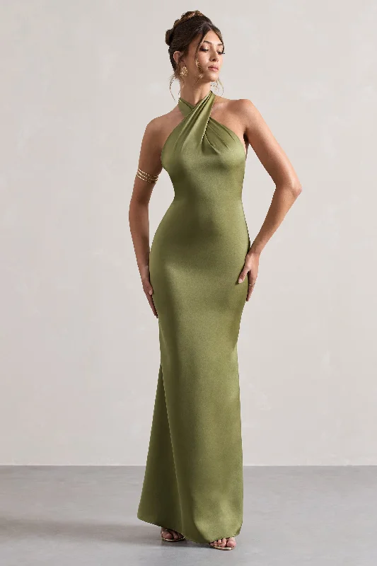 Unbeatable | Olive Satin Cross Over Halter-Neck Maxi Dress Trendy Fit-and-Flare Maxi Dress